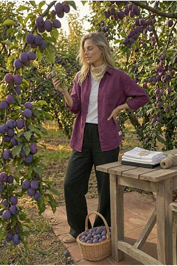 Natural Linen Fabric Oversize Loose Fit Women's Shirt – Summer Comfortable Cut Mürdüm