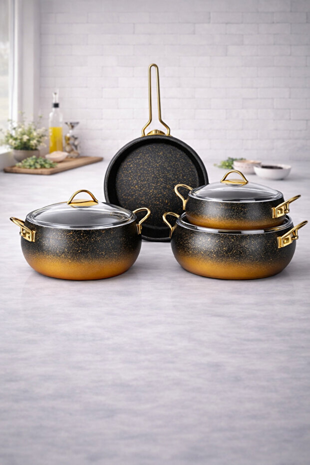Caldora 7 Piece Granite Casserole Cookware Set with Black Gold Handles - 20/24/26 Deep /26 Casserole Pan