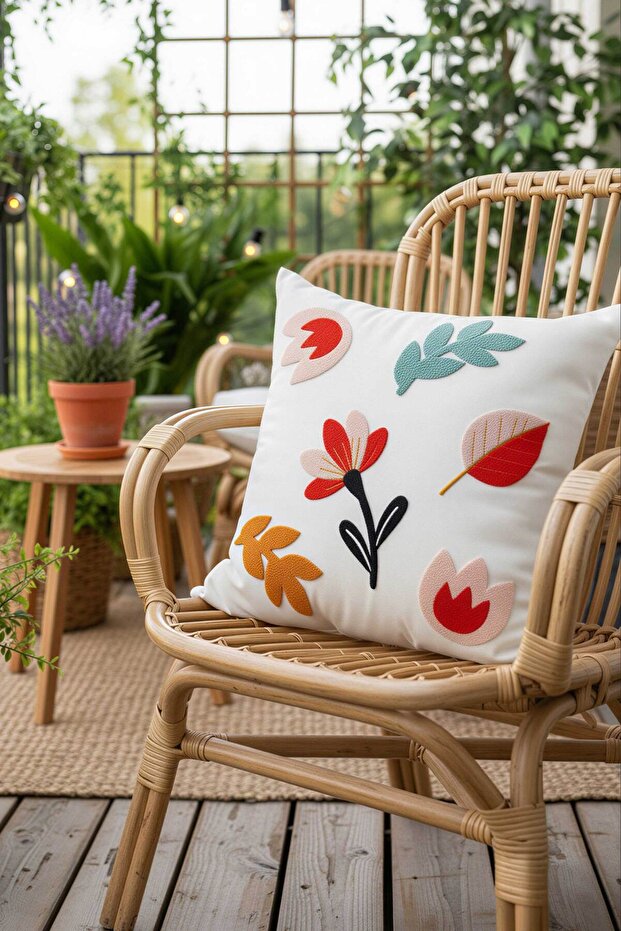 Flower Patterned Punch Embroidered Decorative Throw Pillow Cover - 45X45 White Textured Fabric - Botanical Series