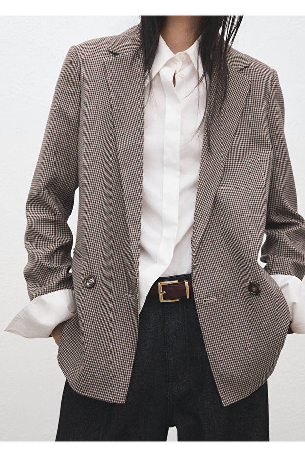 Micro Houndstooth Pattern Double-Breasted Blazer Jacket