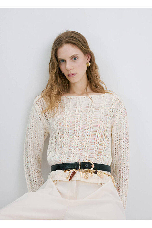 Açık örgü püsküllü kazak - 6