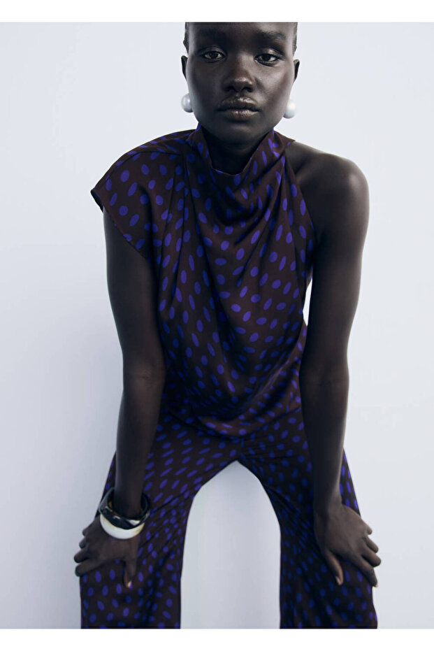 Polka Dot Pattern Draped Collar Blouse - 1