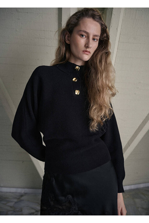 High Collar Sweater with Jewel Buttons