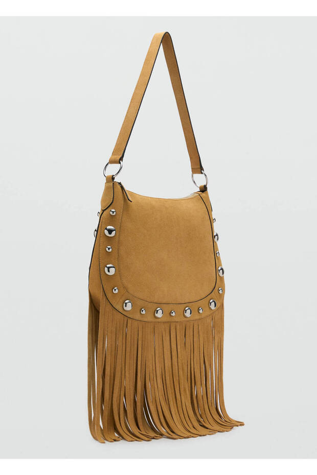 Suede Bag with Tassels and Staple Details
