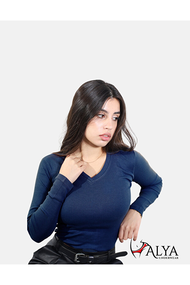 Camisole V-Neck Body Sweatshirt, Ribbed Fabric, Lycra, Navy Blue