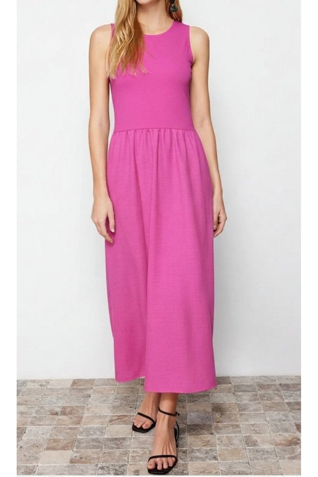 Women's A-Line Maxi Fuchsia Linen Look Flared Dress with Skirt