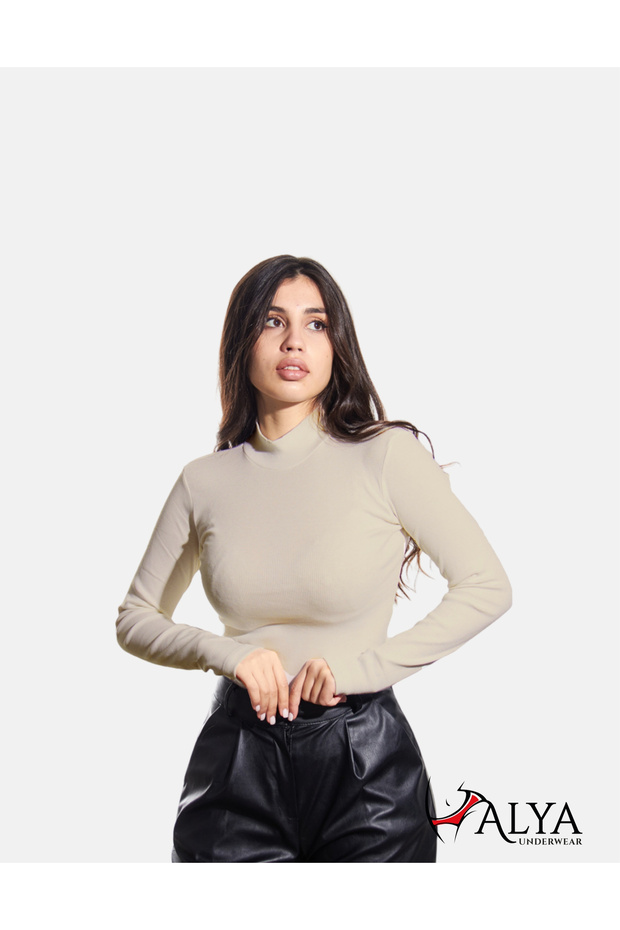 Camisole Half-Throat Body Sweatshirt, Ribbed Fabric Blouse, Lycra, Beige (Bone) Badi