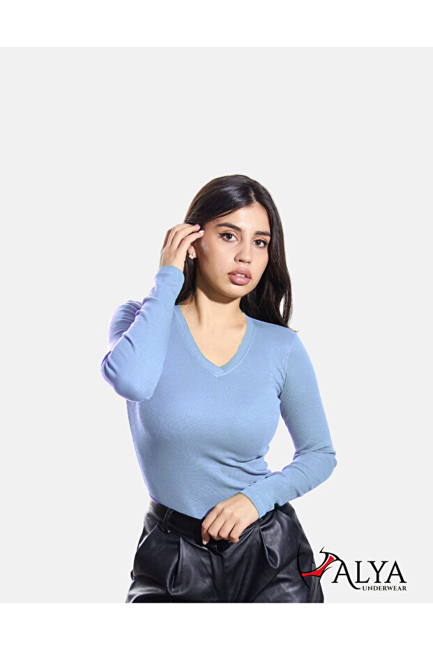 Camisole V-Neck Body Sweatshirt, Ribbed Fabric, Lycra, Light Blue