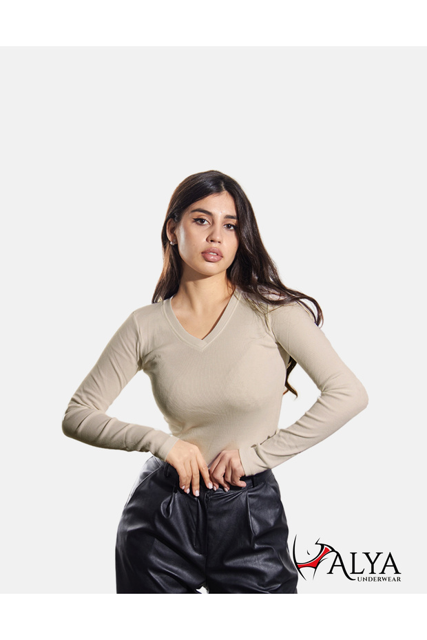 Camisole V-Neck Body Sweatshirt, Ribbed Fabric Blouse, Lycra, Beige (Bone) Casual Badi