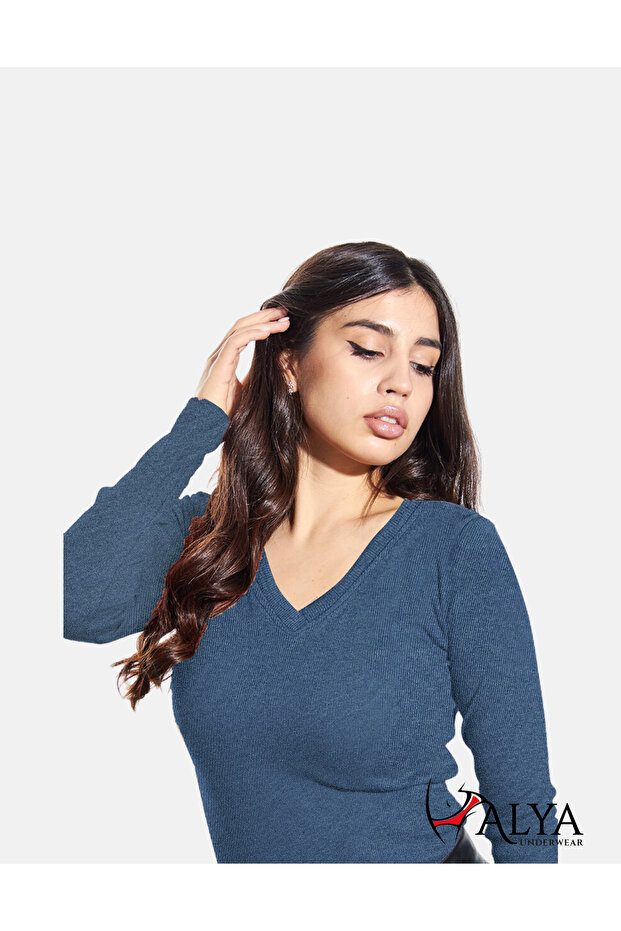 Camisole V-Neck Body Sweatshirt, Ribbed Fabric Lycra Blouse Indigo Melange Badi