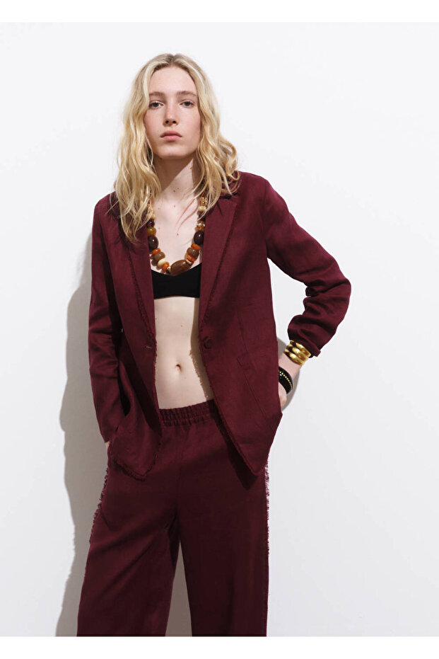 Blazer Suit with Linen Fabric and Fringed Details
