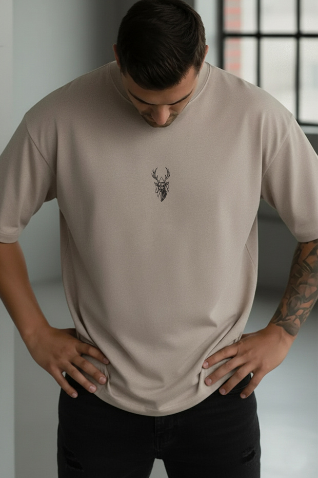 Men's Stone Deer Printed Oversize Fit Loose Wide Fit Loose Cut T-Shirt