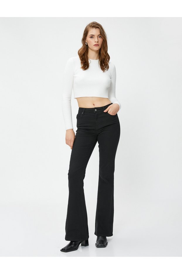 Spanish Leg Trousers Gabardine Fabric Slim Fit Pocket Detailed Cotton