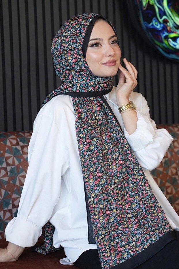 Mini Flower Pattern Turquoise Soft Cotton Shawl - 1