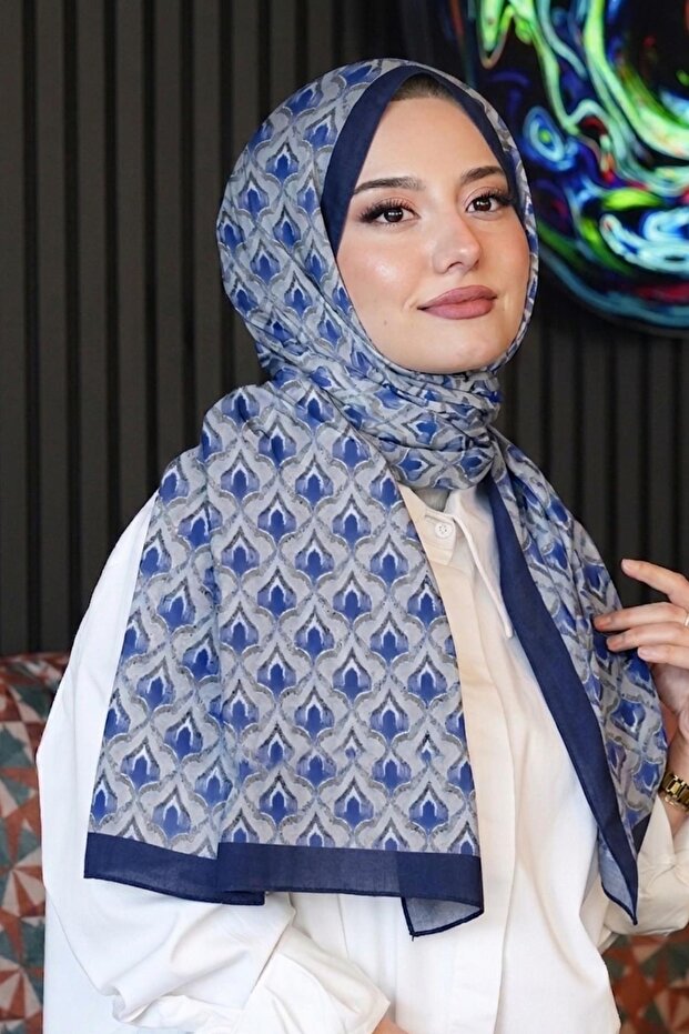 Geometric Pattern Indigo Soft P Cotton Shawl - 1