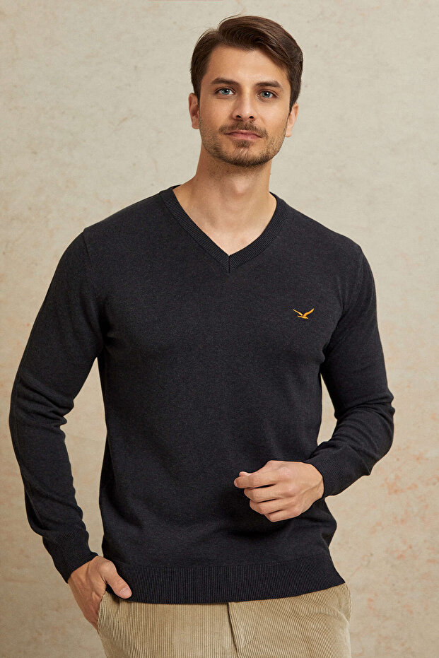 Borg Anthracite 100% Cotton V-Neck Sweater