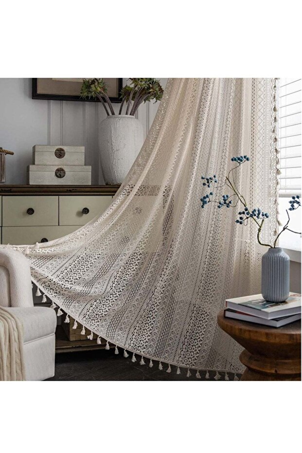 Boho Cotton Curtain Panel, Semi Blackout Crochet Lace Window Drape 59x63 Inch