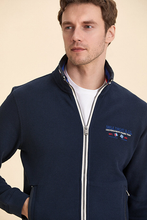 Henry Navy Blue 100% Cotton Embroidered Marine Sports Jacket