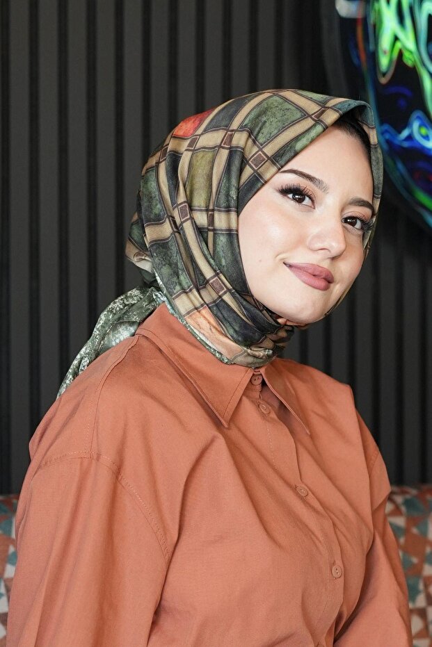 Eșarfă din bumbac verde cu model geometric - 4
