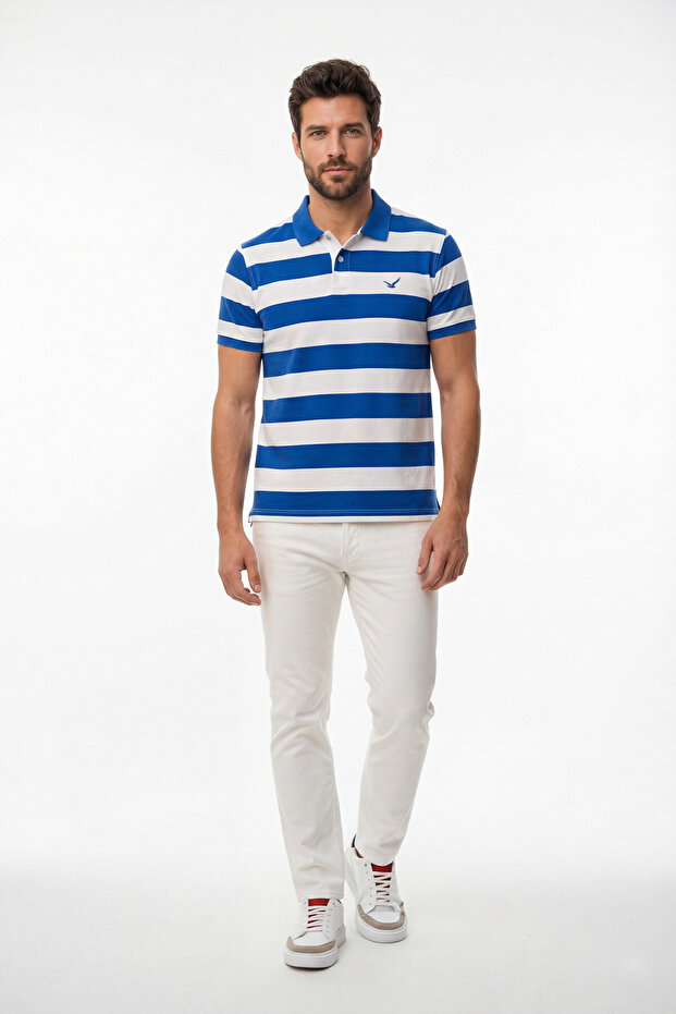 Mazzini Off-White - Sax 100% Cotton Striped Polo T-Shirt