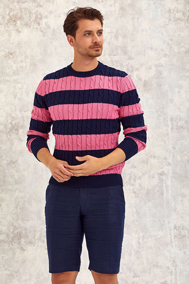 Burton Navy Blue - Pink 100% Cotton Round Neck Knitwear