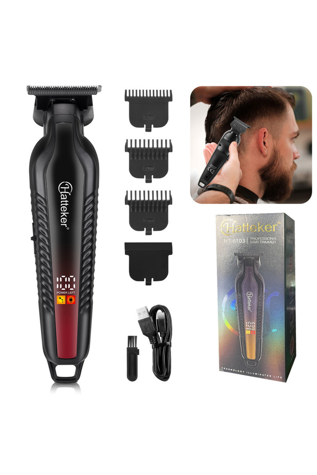 Red Hatteker Gradient Hair Clipper Professional Hair Salon LCD Digital Display Edge Trimming Recharg