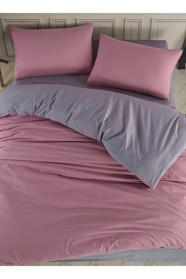 Ranforce 100% Cotton Single Duvet Cover Set Solid Color Pink - Gray