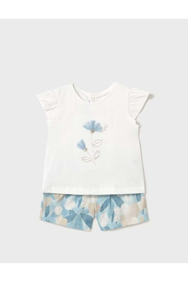 Girl's Floral Embossed Short Sleeve T-Shirt 2-10 Years Ecru - Blue