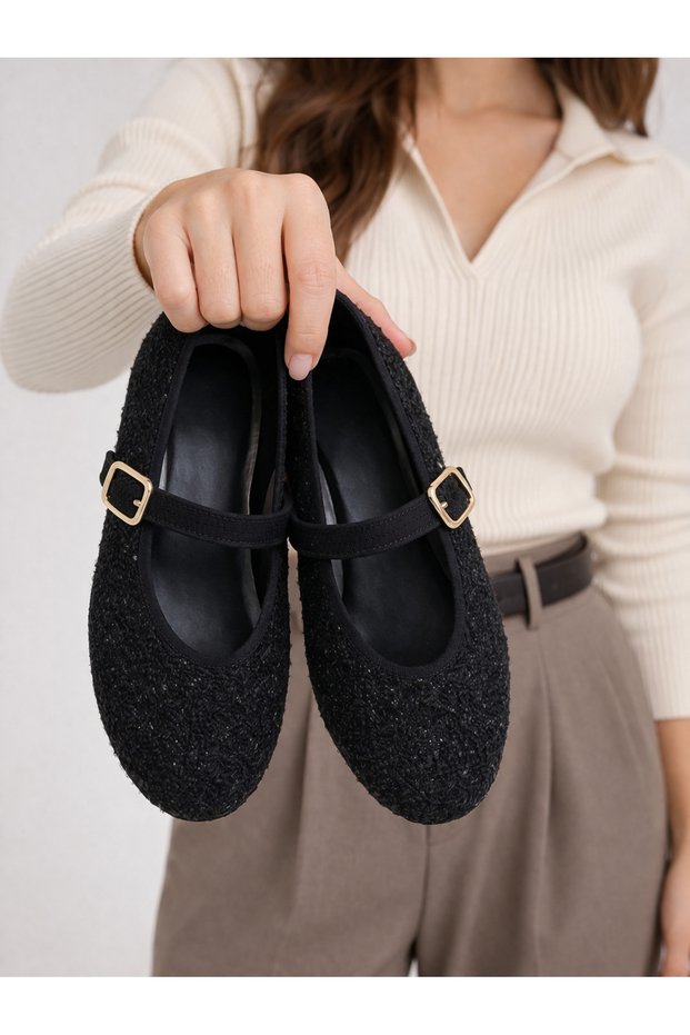 Tweed Fabric Buckled Mary Janes Women's Comfortable Ballet Flats Flat Sole Classic Shoes