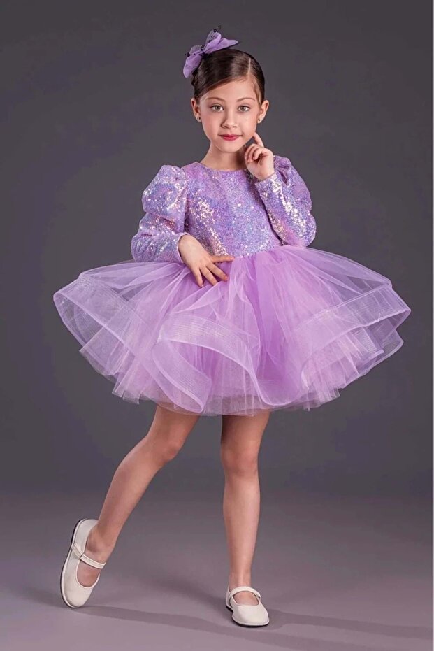 Tulle Gren Skirt Girls' Sequined Long Sleeve Kikidi Dress MNK0583 LILAC