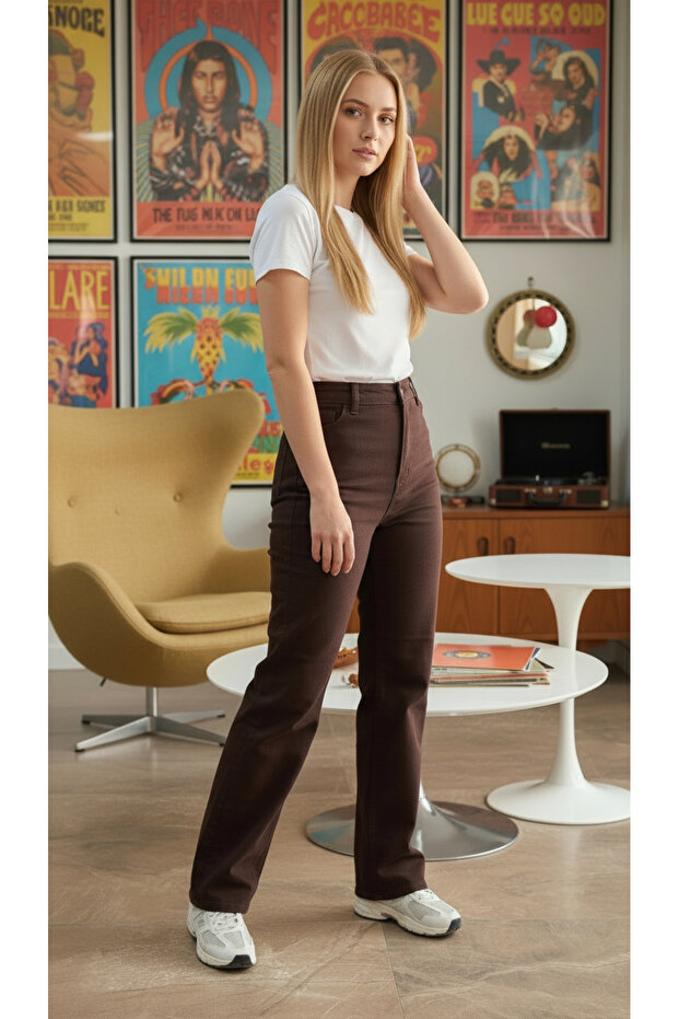 Acıkahve High Waist Stretchy Lycra Palazzo Jeans Trousers