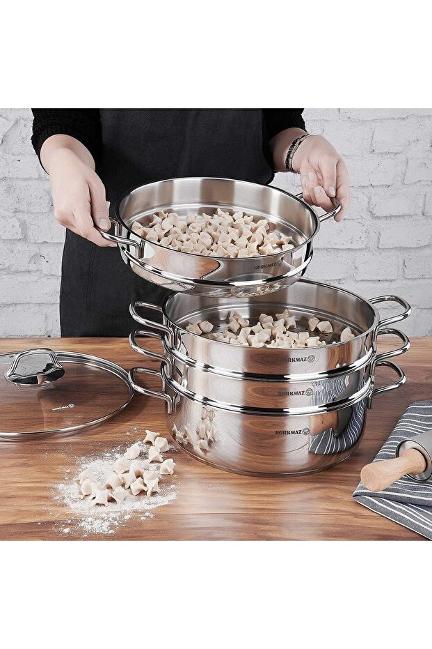 Korkmaz A1524 Perla 28x8.3 cm Manti Pot Set – Premium Stainless Steel