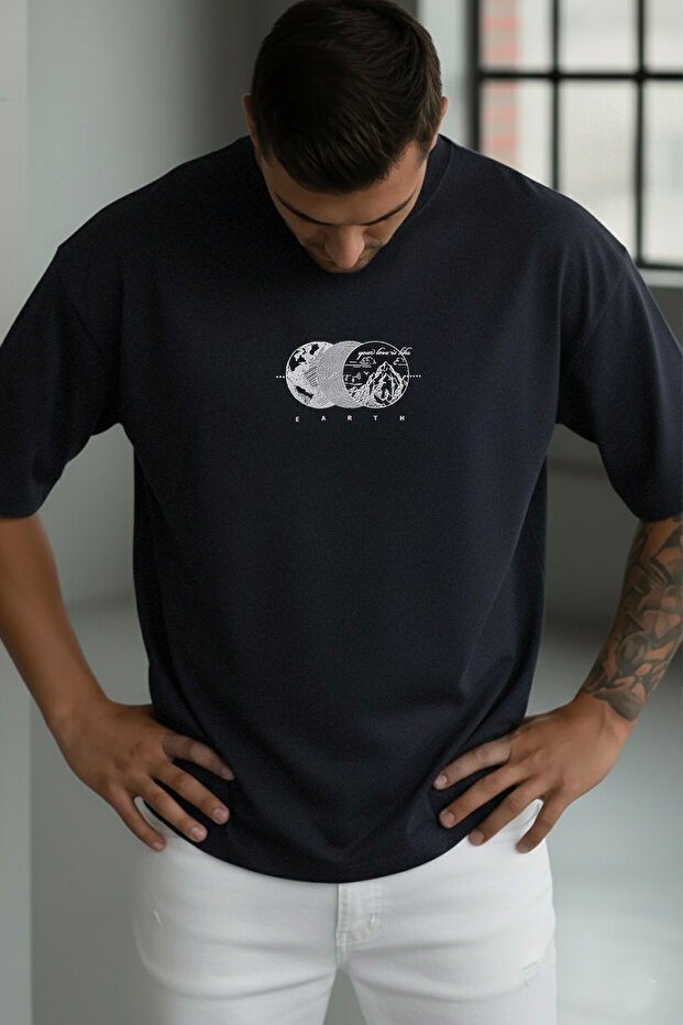 Men's Navy Blue Earth Oversize Fit Loose Wide Fit Loose Cut T-Shirt