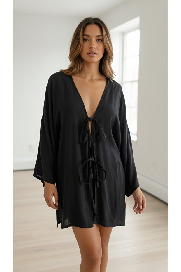 Women's Black Kimono with Tie Front and 2 Lace Details