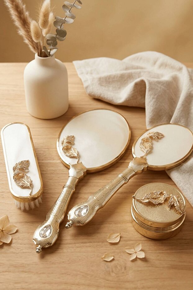 Aura Yaprak Handcrafted Dowry Mirror and Comb Set – Golden Bridal Gift 376
