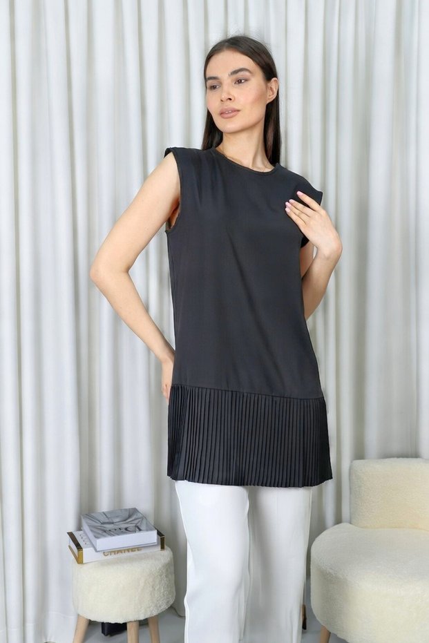 Black Hijab Sleeveless Pleated Innerwear Shirt Tunic Blouse Pleated Pleated