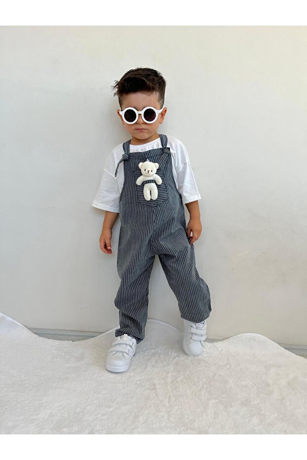 Boy's Striped Teddy Toy Tie-Up Salopet