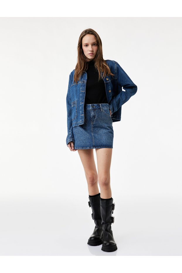A-Line Denim Mini Skirt with Stone Detail