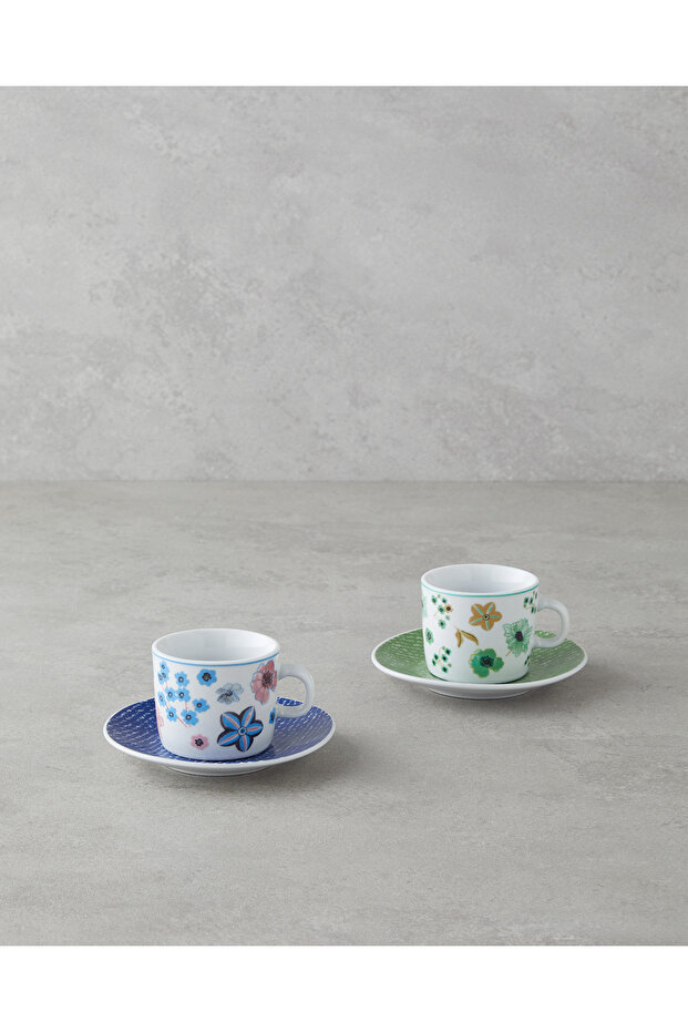 Dewy Porcelain 4 Piece Coffee Cup Set for 2 People 80 ml Blue-Green