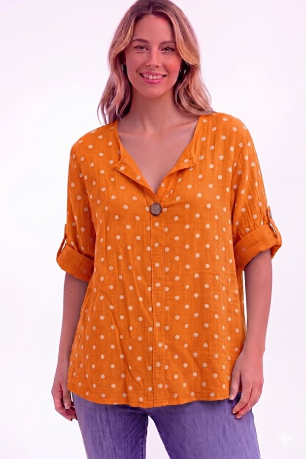 Women's Italian Orange Polka Dot Patterned Button Detailed 3/4 Sleeve Loose 100% Cotton Blouse Tunic