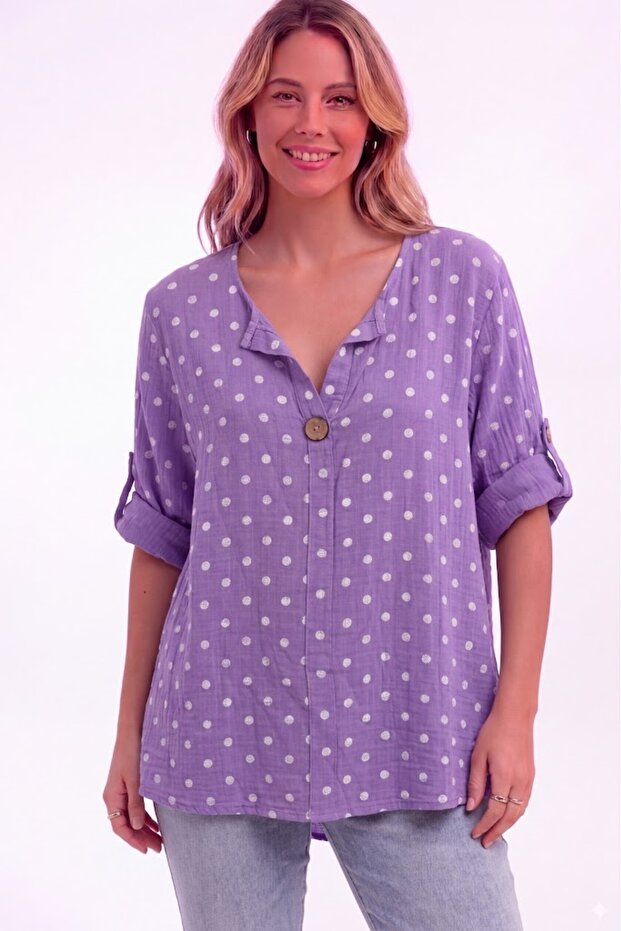 Women's Italian Lilac Polka Dot Patterned Button Detailed 3/4 Sleeve Loose 100% Cotton Blouse Tunic