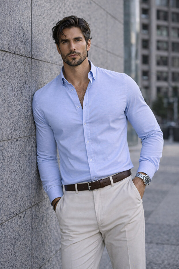 Lycra Regular Fit Breathable Classic Men's Oxford Shirt - Light Blue