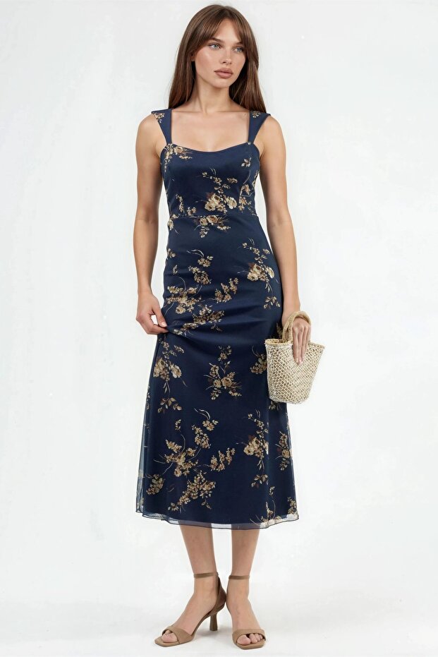 Floral Print Midi Dress with Heart Neckline