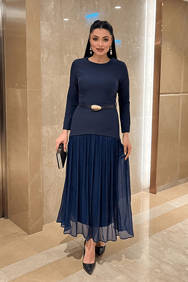 Üst Atlas Alt Chiffon Fabric Dress - Dark Blue