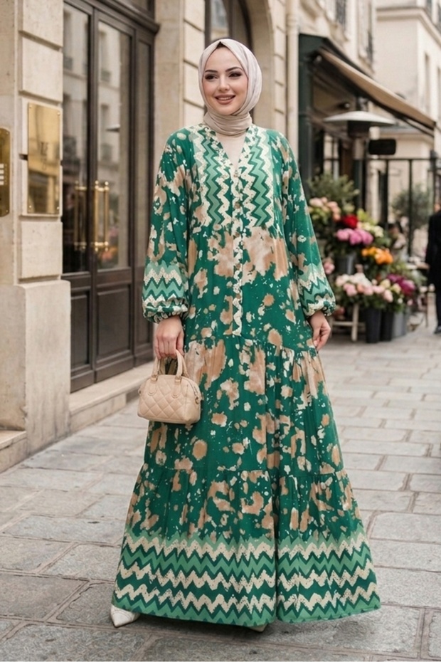Turel Half Button Woven Viscose Dress 1502 - Green