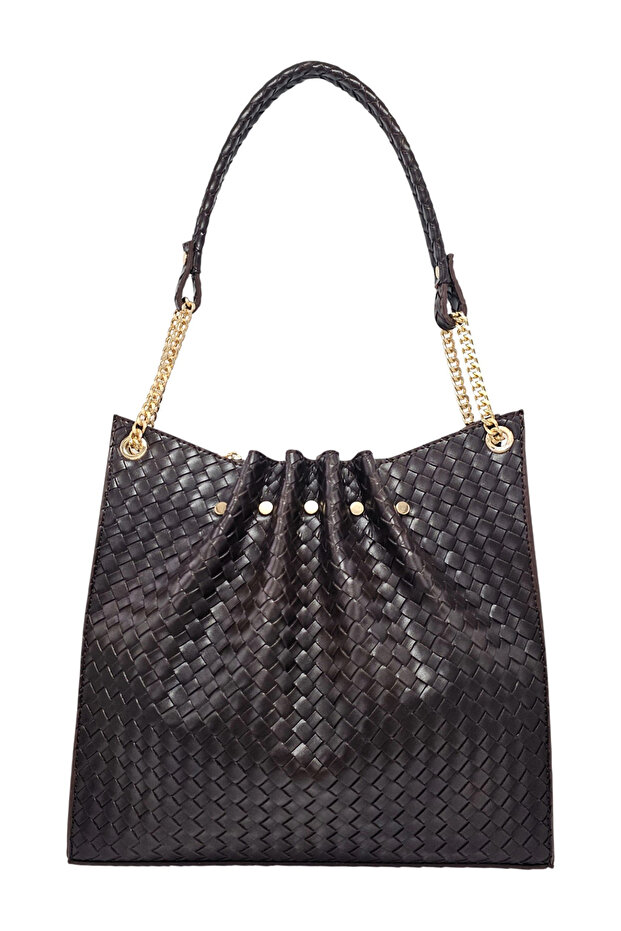 Brown Knitted Patterned Chain Detailed Pleated Women's Shoulder Bag