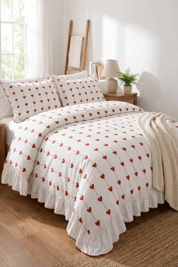 Double Duvet Cover Set 100% Cotton Heart Ornament Overlocked Ruffles