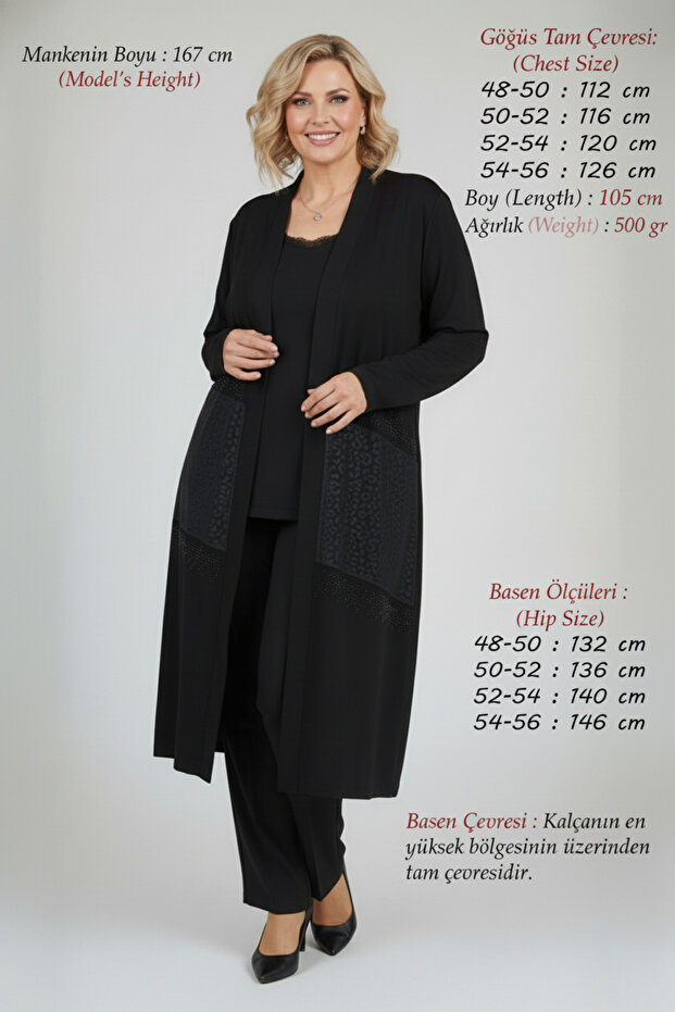 Women's Plus Size Spring Summer Crystal Combed Cotton Fabric Printed Stoned Black Long Mother Cardigan