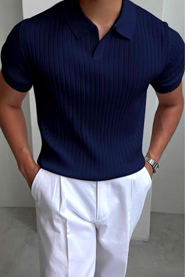 Lorens Striped Lycra Slim Fit Polo Neck Knitted Men's Knitwear Tshirt