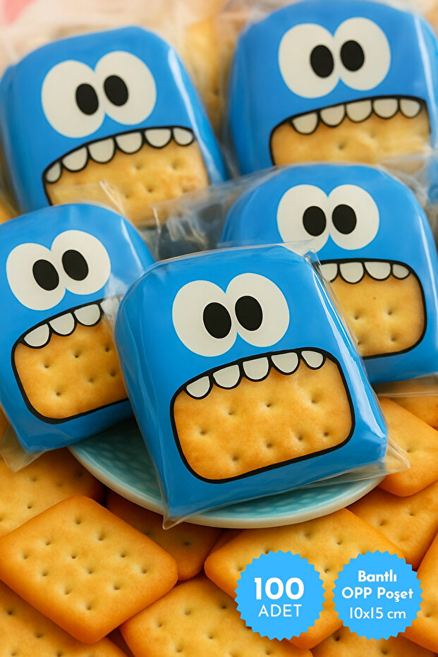 100Pcs Blue Monster Patterned Transparent Opp Bags with Tape, 10X15 cm